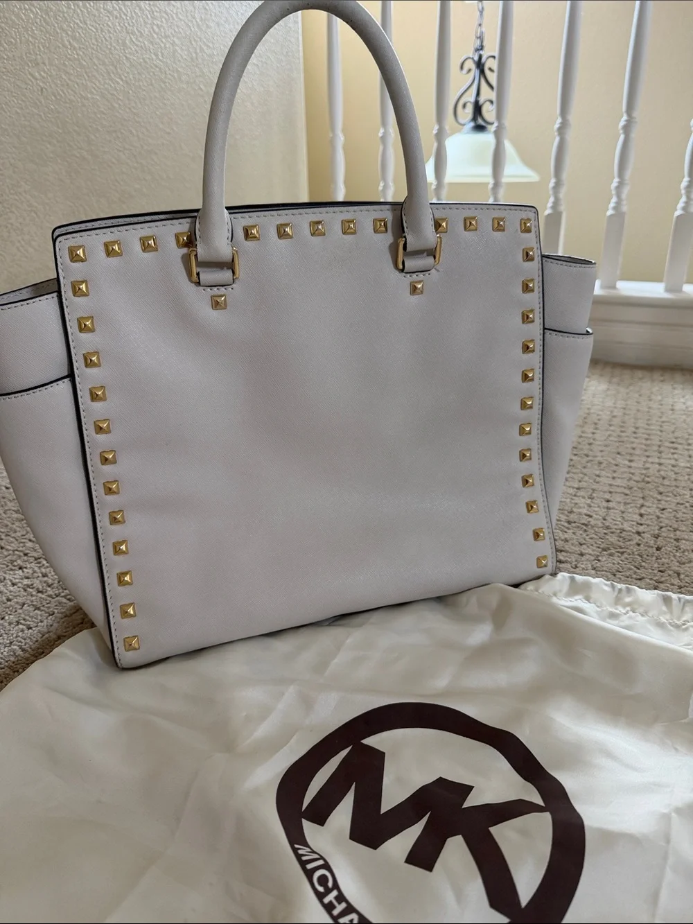 Michael Kors Gold-Studded Saffiano Tote in Light Cream